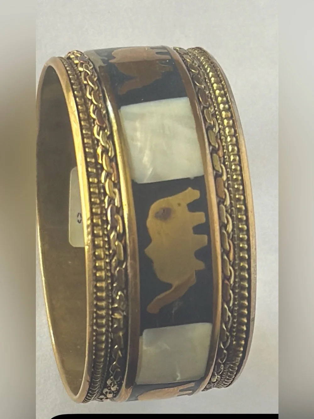Vintage Brass Elephant & Mother of Pearl Inlay Bangle Bracelet